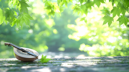 Mandolin resting on wooden surface outdoors, surrounded by lush green foliage, peaceful nature scene, ideal for music or relaxation themes