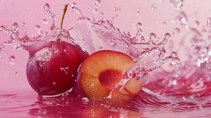 Fresh red plums splashing in water against a pink background create a vibrant and refreshing scene.