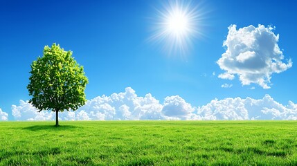 Obraz premium Single Green Tree in a Lush Green Field Under a Bright Sunny Sky