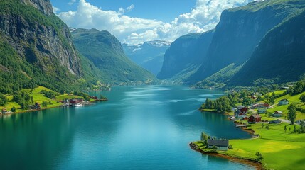 Scenic Norwegian Fjord Valley, sunny day, tranquil waters, villages nestled in the mountains