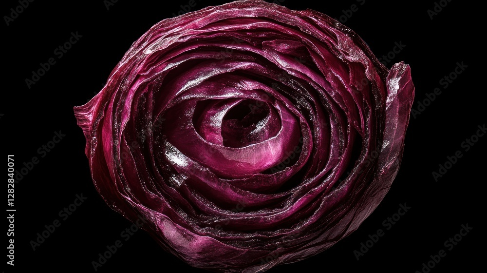 Poster a close-up view of a vibrant red cabbage, showcasing its intricate layers and textures.