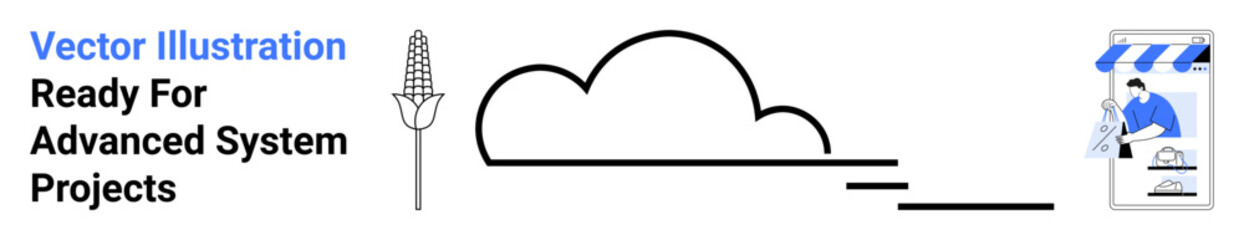 Simple cloud with dynamic lines, data tower as technology icon, and person interacting with shop. Ideal for technology, software, e-commerce, innovation, IoT, data processing flat landing page