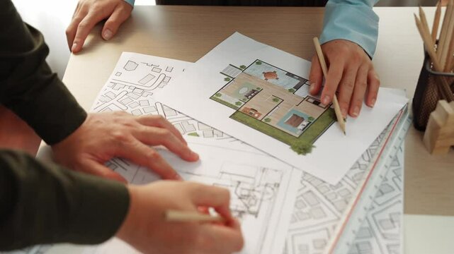 Professional engineer team discussion about house design on meeting table with architectural equipment and building blueprint scatter around at modern office. Focus on hand. Closeup. Delineation.