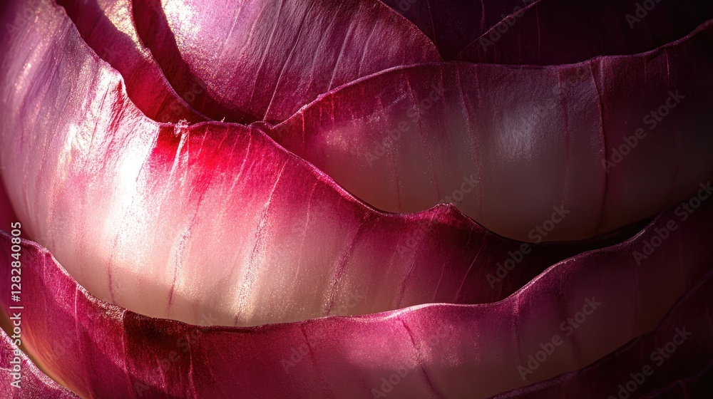 Aufkleber close-up of red onion layers showcasing texture and color variations.