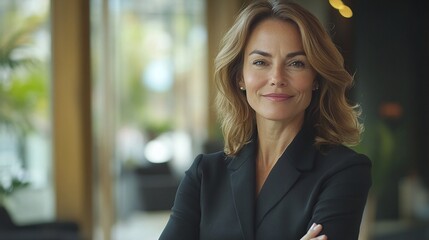 Naklejka premium successful female executive and corporate manager posing confidently in an office environment with arms crossed and a strong leadership presence looking directly at the camera