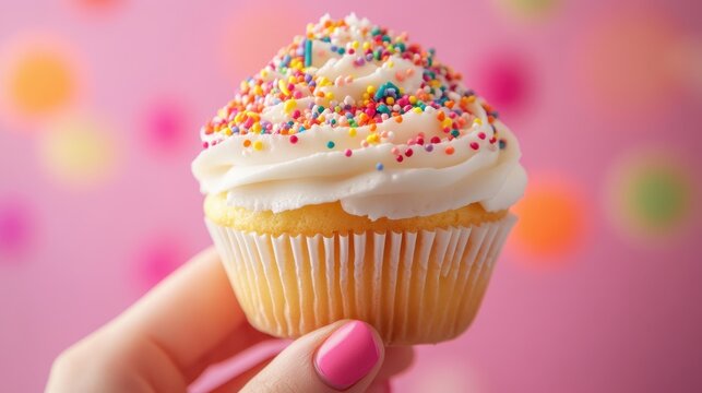 A vibrant cupcake, adorned with a rainbow of colorful sprinkles, held aloft in a joyous celebration, symbolizing sweetness and joy in a moment of merriment.