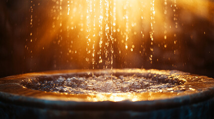Sacred baptismal water flows over a carved stone basin, illuminated by warm light, symbolizing purification, renewal, and divine grace. A modern tribute to the Feast of the Baptism of the Lord