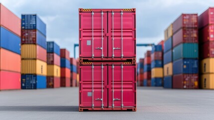 Fototapeta premium Stacked pink shipping containers stand at the center of a cargo terminal yard.