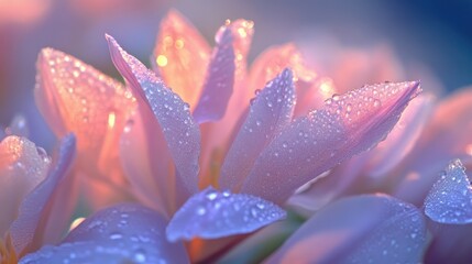 A vibrant tapestry of springtime beauty unfolds, where hundreds of delicate pink tulips, their petals adorned with glistening water droplets, bask in the soft glow of a soft blue sky, a testament to