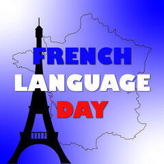 French Language Day vector art. A silhouette of the Eiffel Tower alongside a simple line-drawn map of France. For Language Day awareness campaigns.