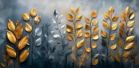 Gold and Silver Leaves on a Dark Gray Background