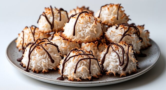 bunch of fluffy coconut macaroons drizzled with chocolate on a plate on plain white background