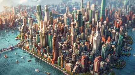 Detailed stylized aerial illustration of a huge dense modern metropolis or cityscape surrounded by blue water