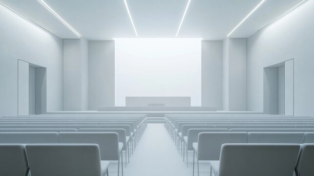 A legislative hall with high-tech sound systems and minimalist seating. Featuring innovation and efficiency