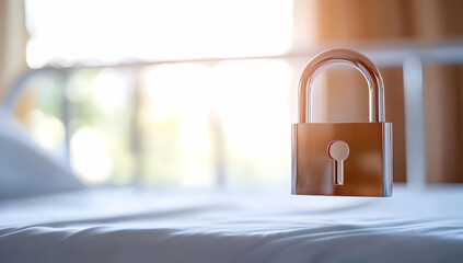 Fototapeta premium Metal padlock floating above hospital bed, sunlight through window; symbolizes patient data security, medical privacy, healthcare protection