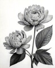 Monochrome Floral Study: Peonies and Leaves