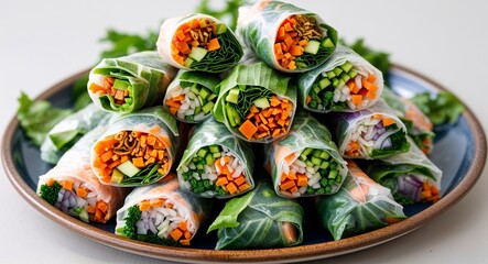 bunch of fresh veggie spring rolls packed tightly on a plate on plain white background