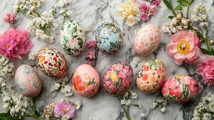 Obraz premium A symphony of color, where pastel-hued Easter eggs, adorned with vibrant blooms, nestled on a polished marble surface, a testament to the beauty and joy of springtime.