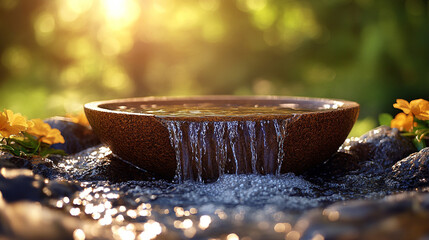 Sacred baptismal water flows over a carved stone basin, illuminated by warm light, symbolizing purification, renewal, and divine grace. A modern tribute to the Feast of the Baptism of the Lord