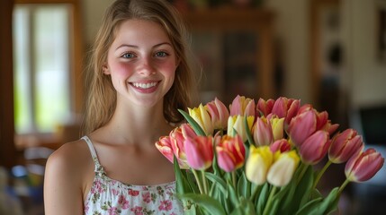 A young woman, adorned in a simple floral dress, beams at the camera, her eyes sparkling with joy as she cradles a bouquet of vibrant tulips, her smile radiating warmth and contentment within the