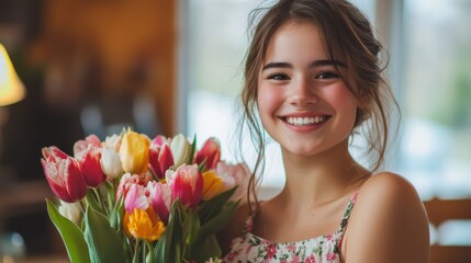 A young woman, adorned in a simple floral dress, beams at the camera, her eyes sparkling with joy as she cradles a bouquet of vibrant tulips, her smile radiating warmth and contentment within the