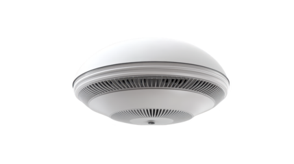 White smoke detector on black background, essential home safety device for fire protection