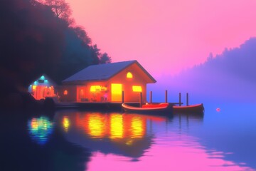 Fototapeta premium A serene lakeside scene at dusk featuring a cozy cabin with glowing windows, two boats docked nearby, and a misty landscape reflecting vibrant colors on the water.