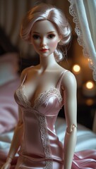 Elegant Doll in Satin Nightwear with Candlelit Ambiance