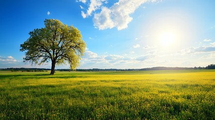 Single Tree in a Vibrant Yellow Flower Field Under a Sunny Sky