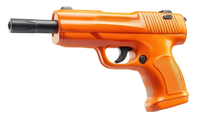 Detailed closeup, handgun with black handle and striking orange grips for enhanced control aim