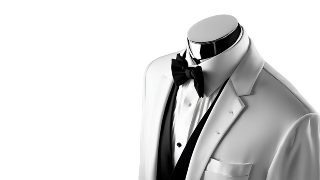 A formal white dress suit worn with a black tie, suitable for weddings, formal events and business attire
