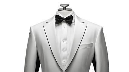 A formal white dress suit worn with a black tie, suitable for weddings, formal events and business attire