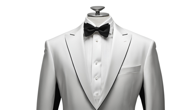 A formal white dress suit worn with a black tie, suitable for weddings, formal events and business attire