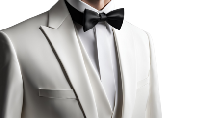 white tuxedo with a black bow tie