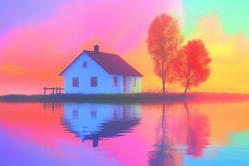 Fototapeta premium A serene landscape featuring a small white house beside a calm lake. The scene is enhanced with vibrant, colorful hues of pink, orange, and blue, reflecting beautifully on the water's surface.