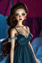 Elegant Lifelike Doll in a Rainy Night Setting