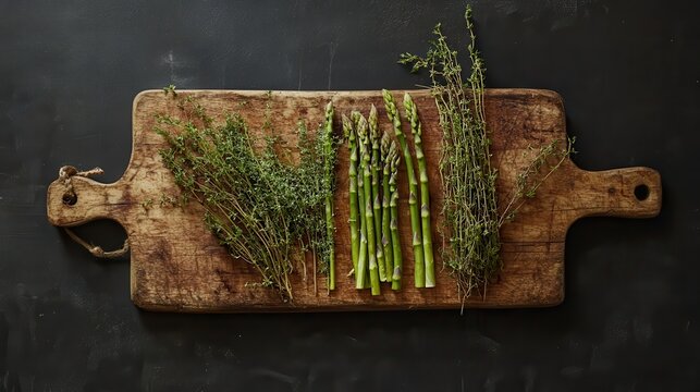 A rustic wooden cutting board, adorned with vibrant bunches of asparagus and fragrant herbs like thyme and rosemary, sits against a stark black backdrop, inviting culinary creativity and a touch of