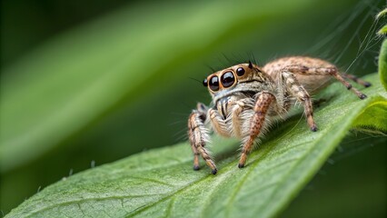 Fototapeta premium Spider on a Leaf: A detailed macro shot captures a jumping spider resting on a vibrant green leaf, highlighting its intricate features and captivating gaze.