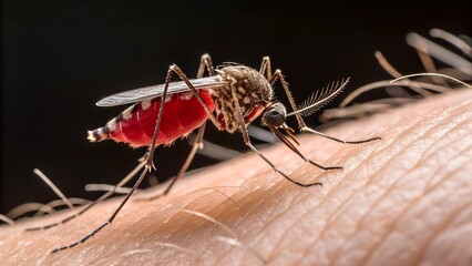 Naklejka premium Mosquito on Human Skin: Close-up view of a mosquito in its natural habitat, showing the detail of blood-filled abdomen and its interaction with human skin.