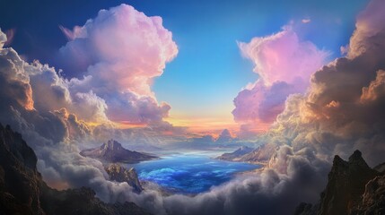 Cloud Ocean Above Mountains, a dreamlike scene with fluffy clouds forming waves over majestic peaks, evoking a sense of wonder and tranquility