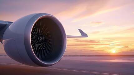Airplane engine taxiing at sunset, runway background, travel concept