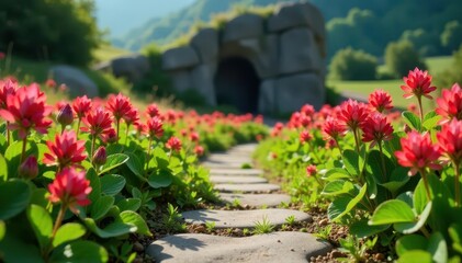 A cluster of red clover flowers blooming on a stone path leading to a natural rock formation, botanical interest, nature's splendor