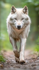 Obraz premium A large, fierce white wolf dashes through the lush green forest.