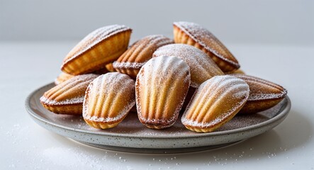 bunch of light sugar dusted madeleines on a plate on plain white background