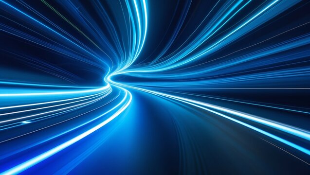 Abstract background with vibrant glowing blue light trails curving and streaking across a dark backdrop