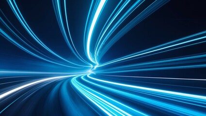 Abstract background with vibrant glowing blue light trails curving and streaking across a dark backdrop