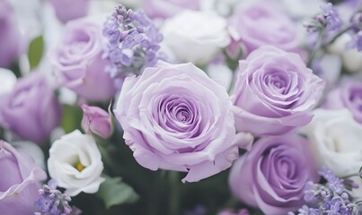 a huge bouquet of lilac roses with small white flowers and purple eustomas in a beautiful soft lilac gift packaging, Generative AI