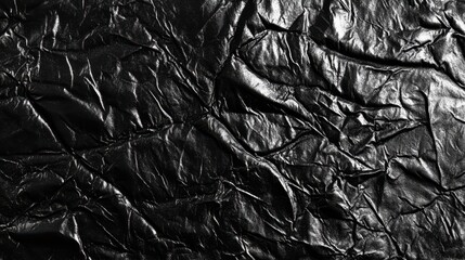 Fototapeta premium A glossy, wrinkled texture of black plastic wrap stretches across the frame, its glossy surface reflecting the surrounding light.