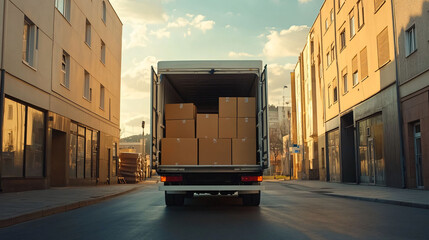 A large truck transporting a delivery of cardboard boxes on a city street