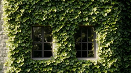 Ivy-covered building facade with two windows.